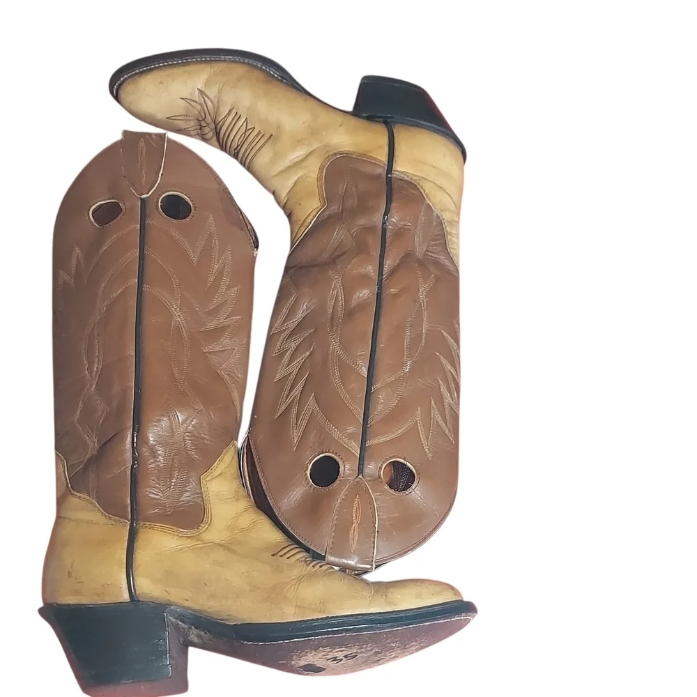 Sanders Vintage Two Tone Brown Leather Handcrafted Western Boots Women's - Picture 9 of 16